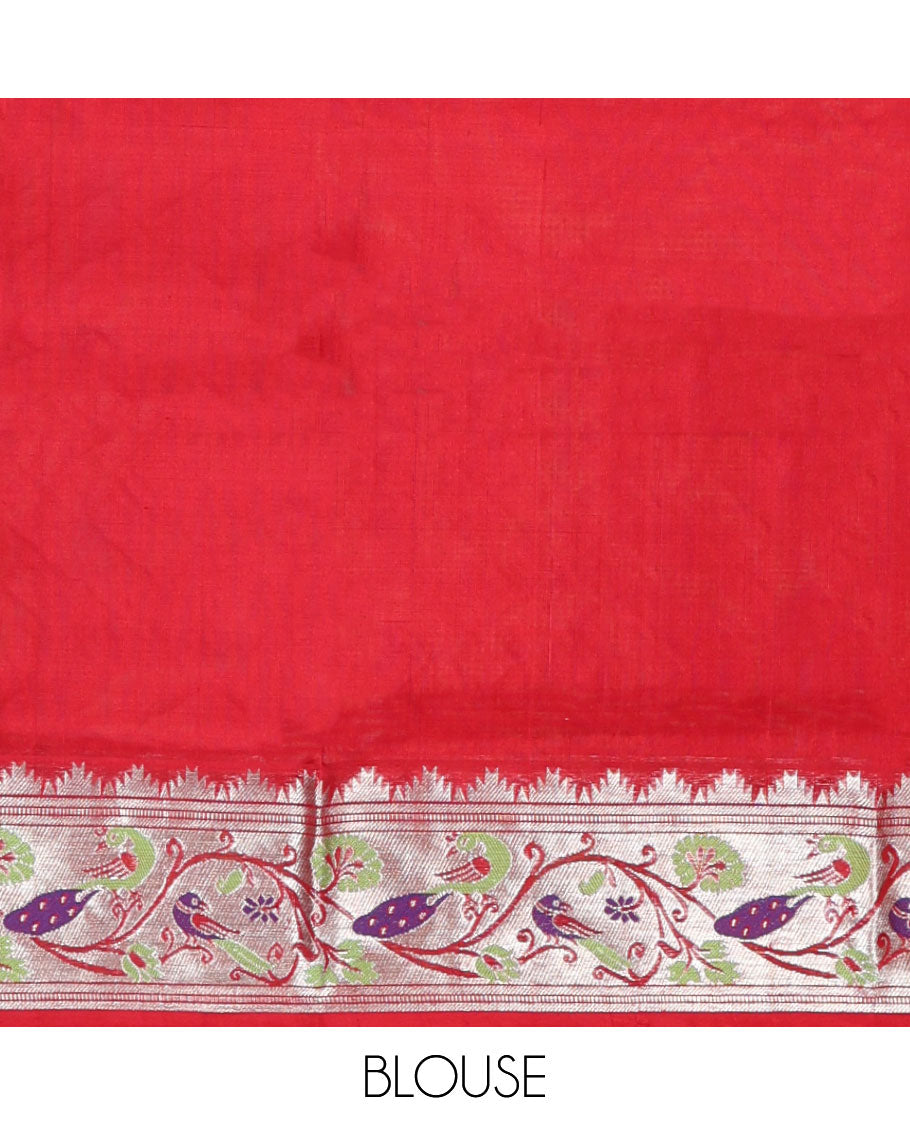 Orange motifs venkatagiri silk saree with contrast floral, bird design border & floral design pallu
