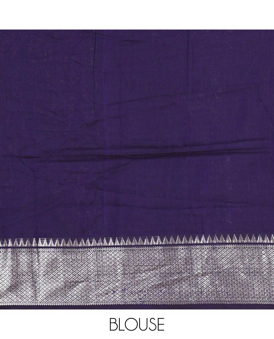 Royal blue Mercerised cotton half-saree, plain & contrast mayil kann temple border skirt, matching blouse & contrast zari border syska georgette dhavani
