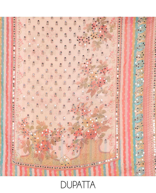 Multi-color floral print, mirror work simmer georgette chudidhar materila top with santton material pant & floral print, mirror work dupatta