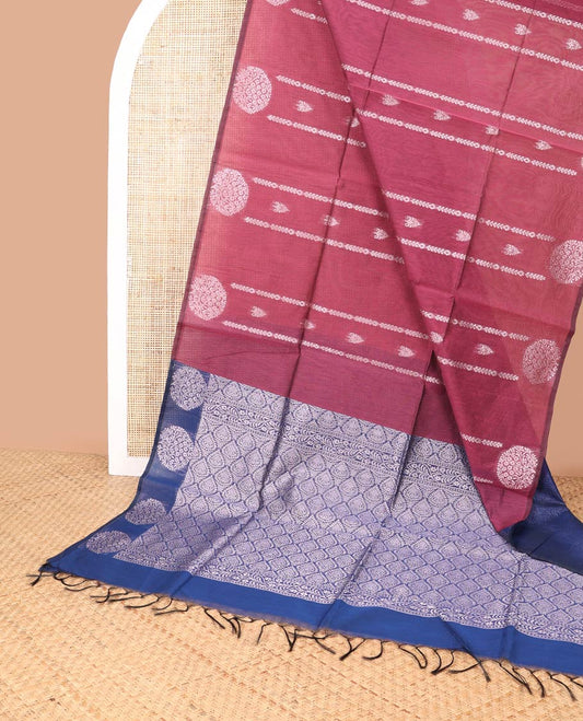 Borderless Maroon floral design semi silk cotton saree with leaf design pallu