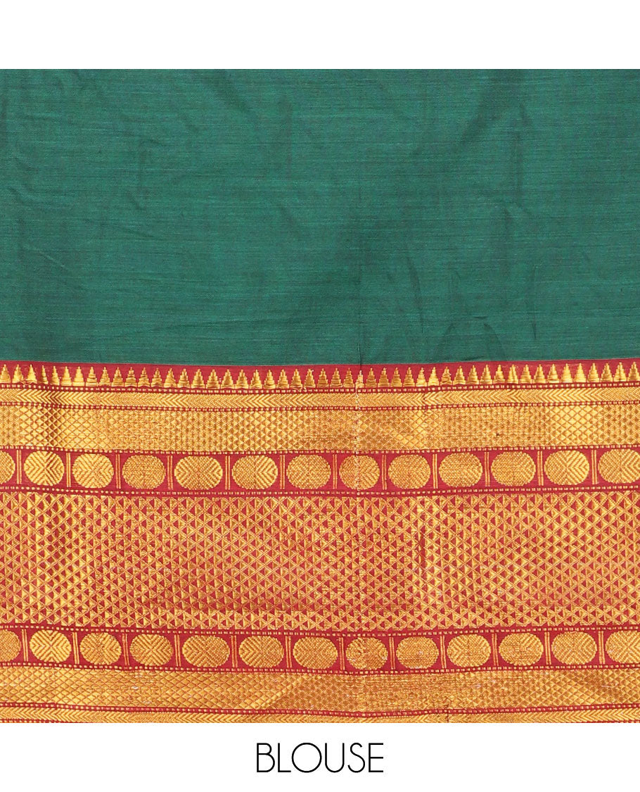 Green cotton half saree with contrast traditional zari design border, zari design blouse & plain, temple border dhavani