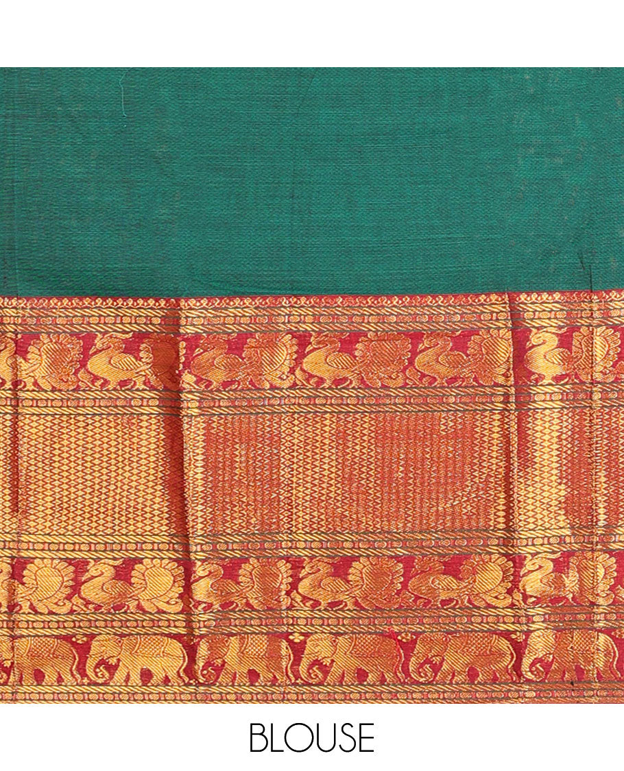 Green cotton half saree with contrast traditional zari design border, zari design blouse & plain, zari design border dhavani