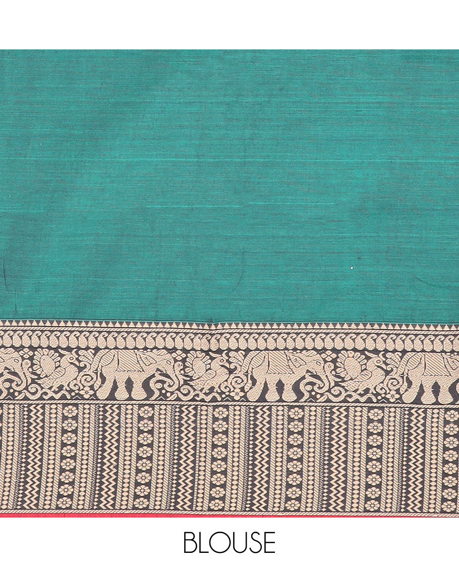 Green cotton half saree with contrast intricate zari design border, elephant design blouse & elephant design border dhavani