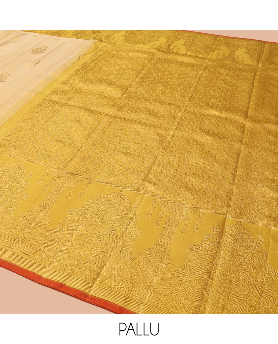 Sandal Kanchipuram Designer Silk Saree, Gracefully Embellished with Buttas All Over Its Body, Complemented by a Contrast Border of Mayil, Kuthirai, Yaali, and Pichwai Cow Designs, Grandly Woven Jaal Pallu, and Paired with a Contrast Blouse