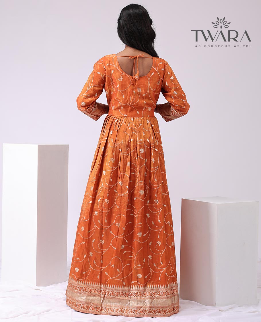 Orange floral v neck embroidered floor-length gown with 3/4 th sleeve & floral embroidered dupatta