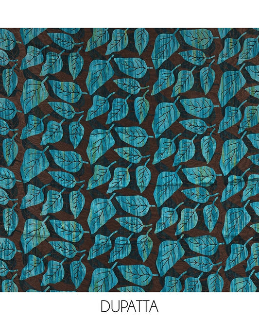 Black and blue material churidar set, neck leaf print with mirror work Vichitra silk top, plain santoon bottom, and leaf printed shimmer georgette dupatta