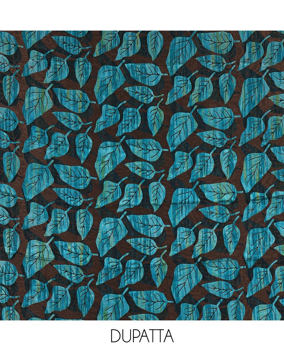 Black and blue material churidar set, neck leaf print with mirror work Vichitra silk top, plain santoon bottom, and leaf printed shimmer georgette dupatta