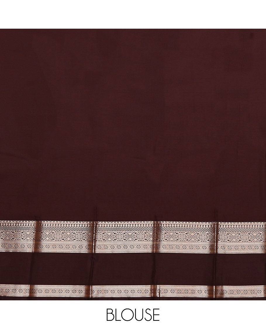 Rust Budget Silk Saree, Detailed with Zari Buttas All Over Its Body, Complemented by a Contrast Traditional Zari Design Rettai Pettu Border, Pallu of Mughal-Style Floral Designs, and Paired with a Contrast Blouse