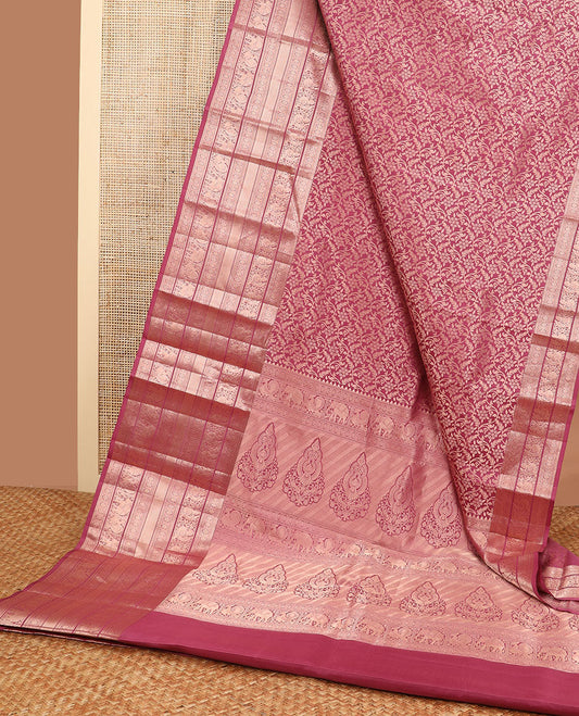 Maroon floral design kancheepuram silk saree with self border of rekku, muthu, banaras, mayil, yanai design & zari design pallu