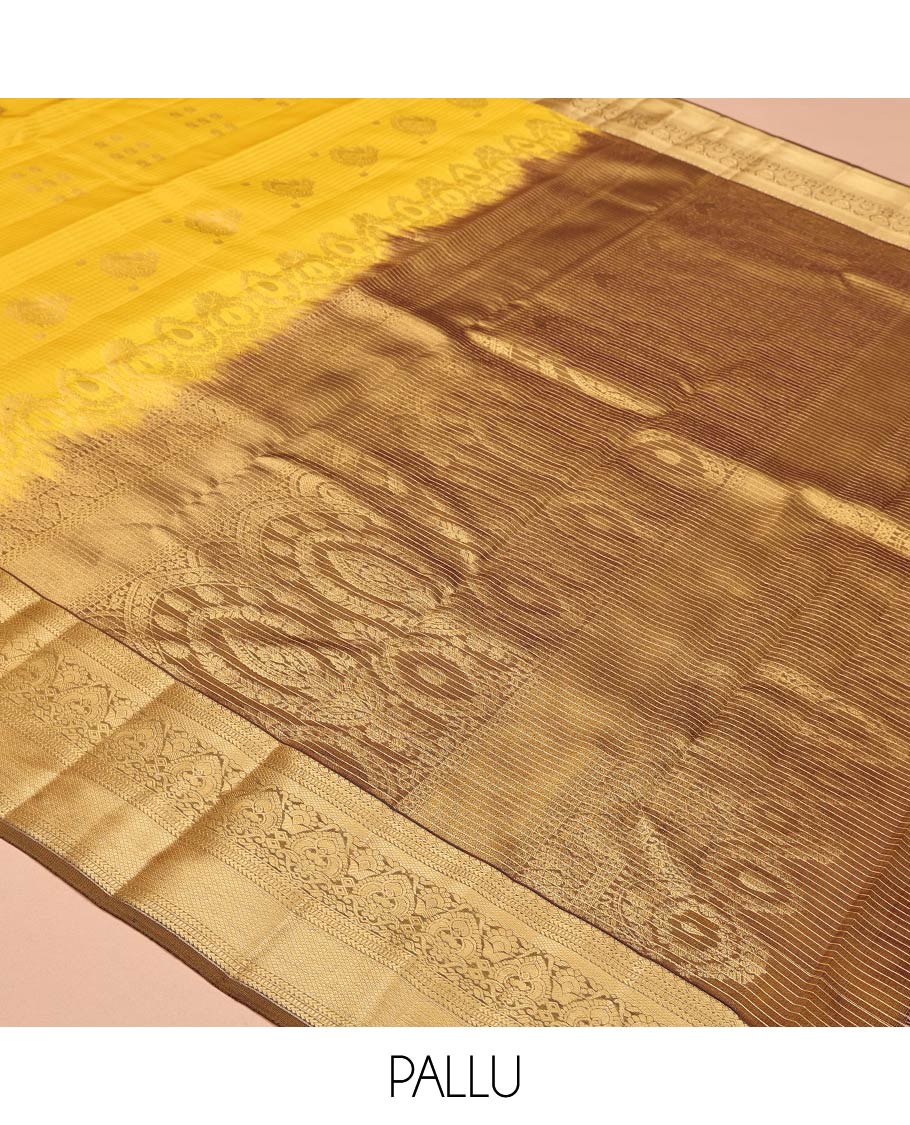 Yellow Vasundhara Lite Silk Mix Saree, Sparsely Woven with Zari Butta Enclosed Checks, a Contrast Traditional Zari Border, Grand Pallu, and a Contrast Blouse