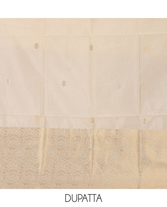 Kerala cream chudidar material, zari buttas & rose-like flowers woven taffeta silk top, plain santoon bottom & zari designs dupatta
