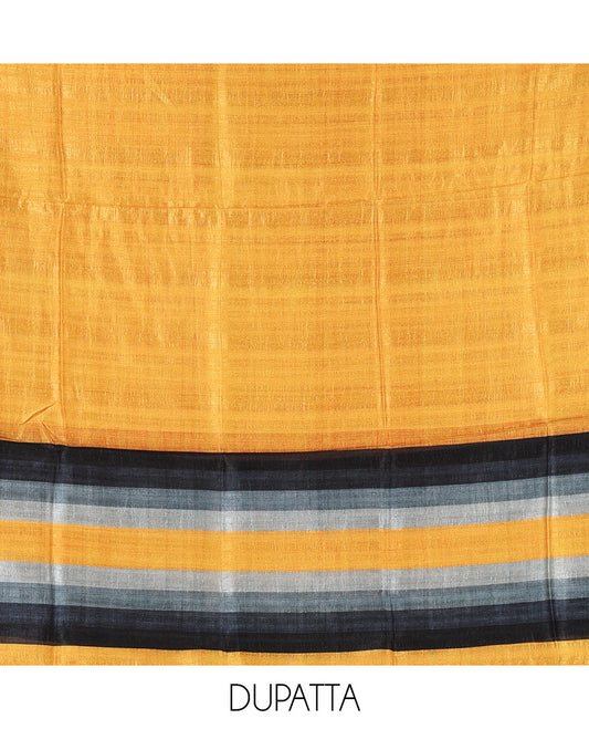 Mustard material chudidar set, horizontal ombre striped semi-tussar top, plain santoon bottom & horizontal ombre striped dupatta with tassels