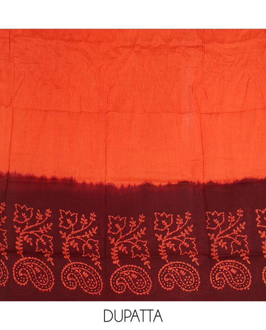 Maroon cotton material chudidar set, batik style floral, and paisley printed top, contrast plain bottom, and batik printed dupatta