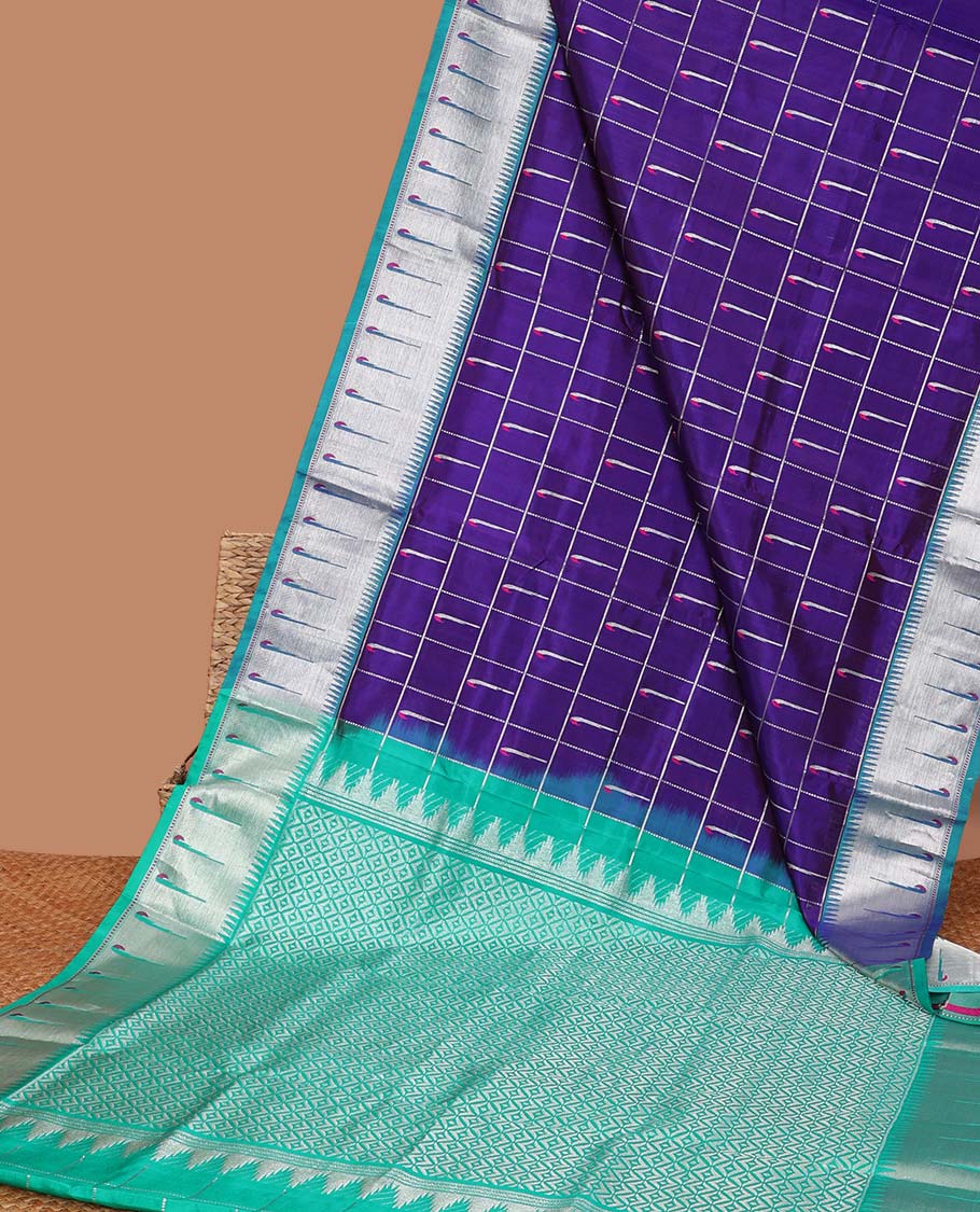 Violet parrot motifs enclosed with checked design vengatagiri pure silk saree , contrast parrot border & pallu of argyle pattern