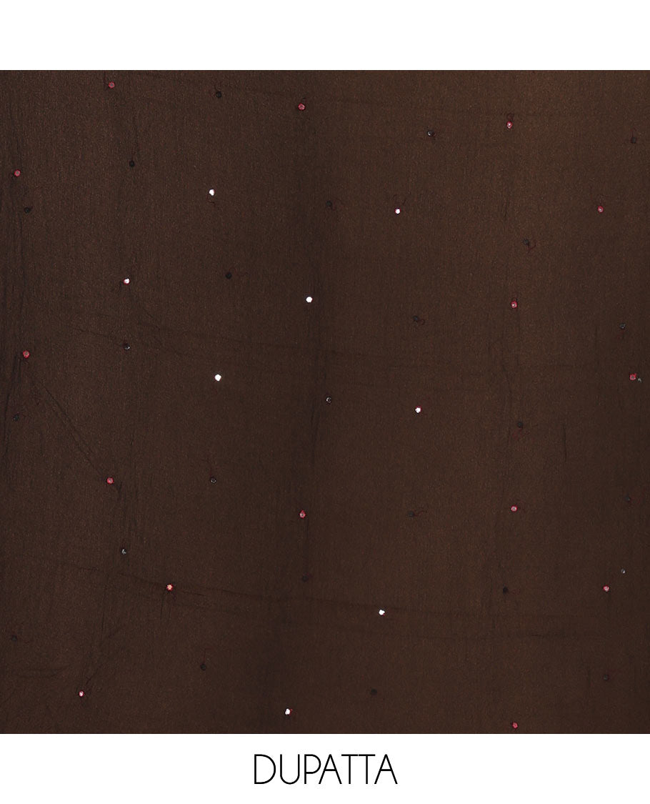 Rani pink material chudidar set, black beads & mirror neck embroidered with buttas woven vichitra silk top, santoon bottom & contrast mirror work chiffon dupatta