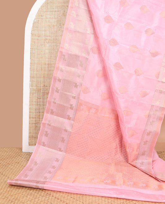Light pink leaf motifs vasundhara elite silk saree with self border of horse, checked design & checkered design pallu