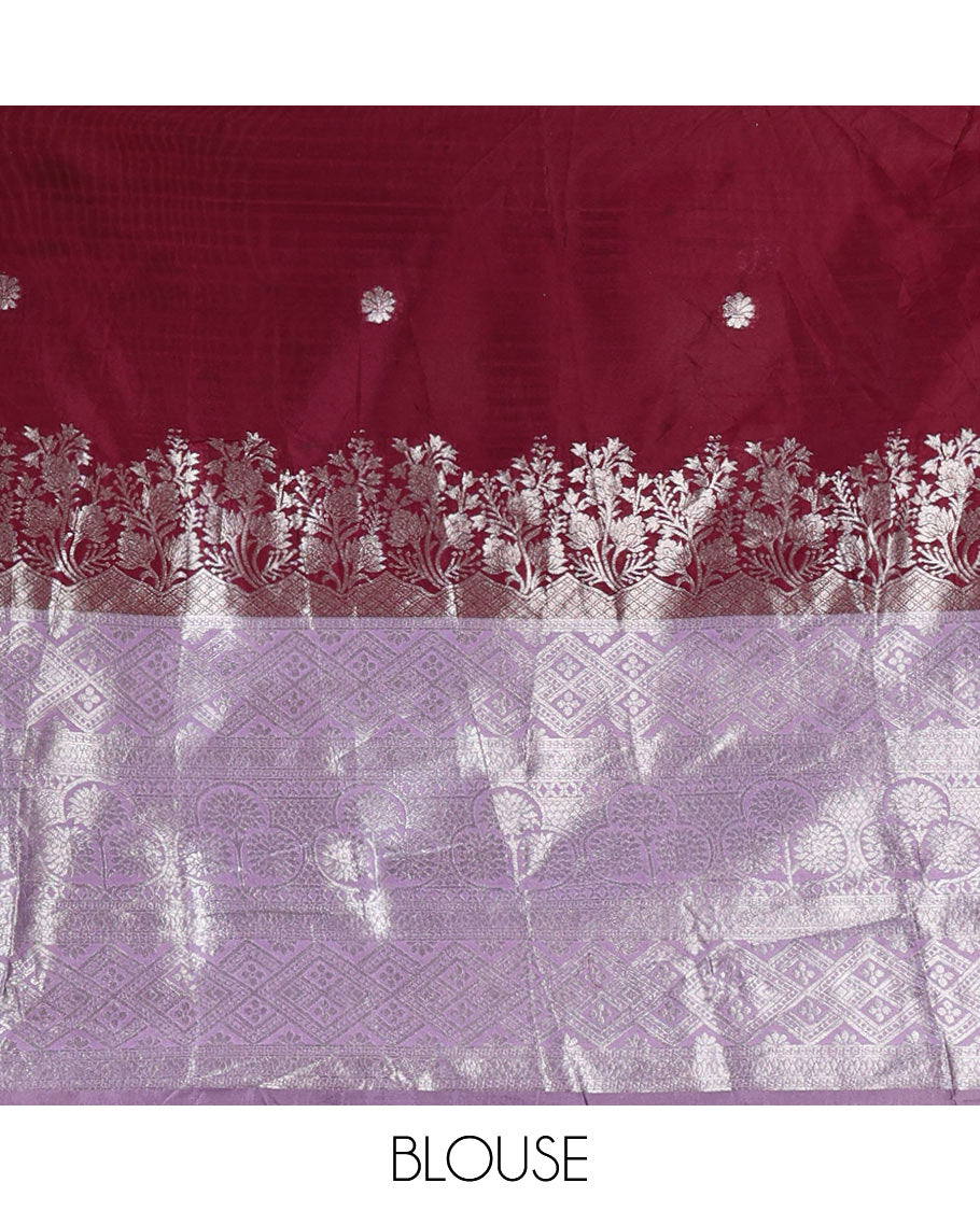 Purple-lavender taffeta silk half-saree, zari buttas & contrast floral-geometric zari border skirt, zari woven blouse & contrast Lavender zari woven dhavani