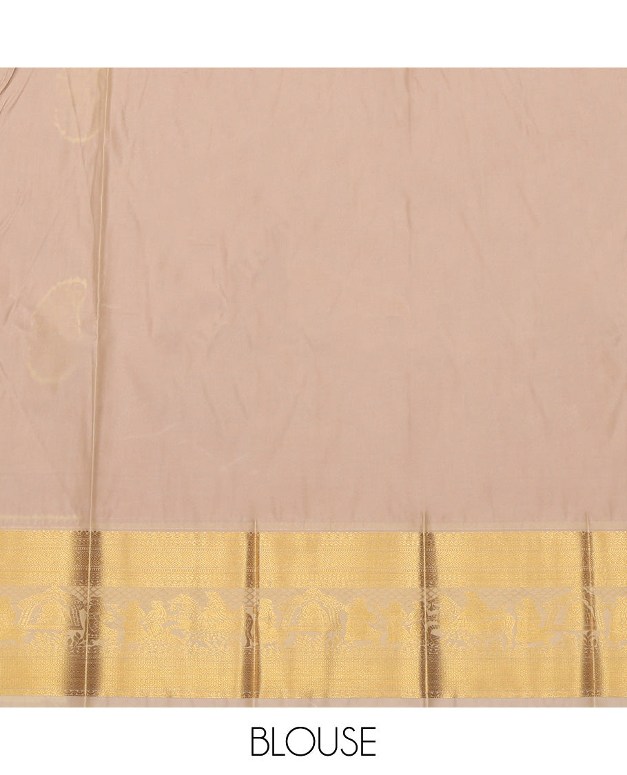 Pink Budget Silk Saree, Bedecked with Zari Buttas and Stripes, Complemented by Contrast Traditional Weddding Themed Border, a Grand Pallu and a Contrast Blouse
