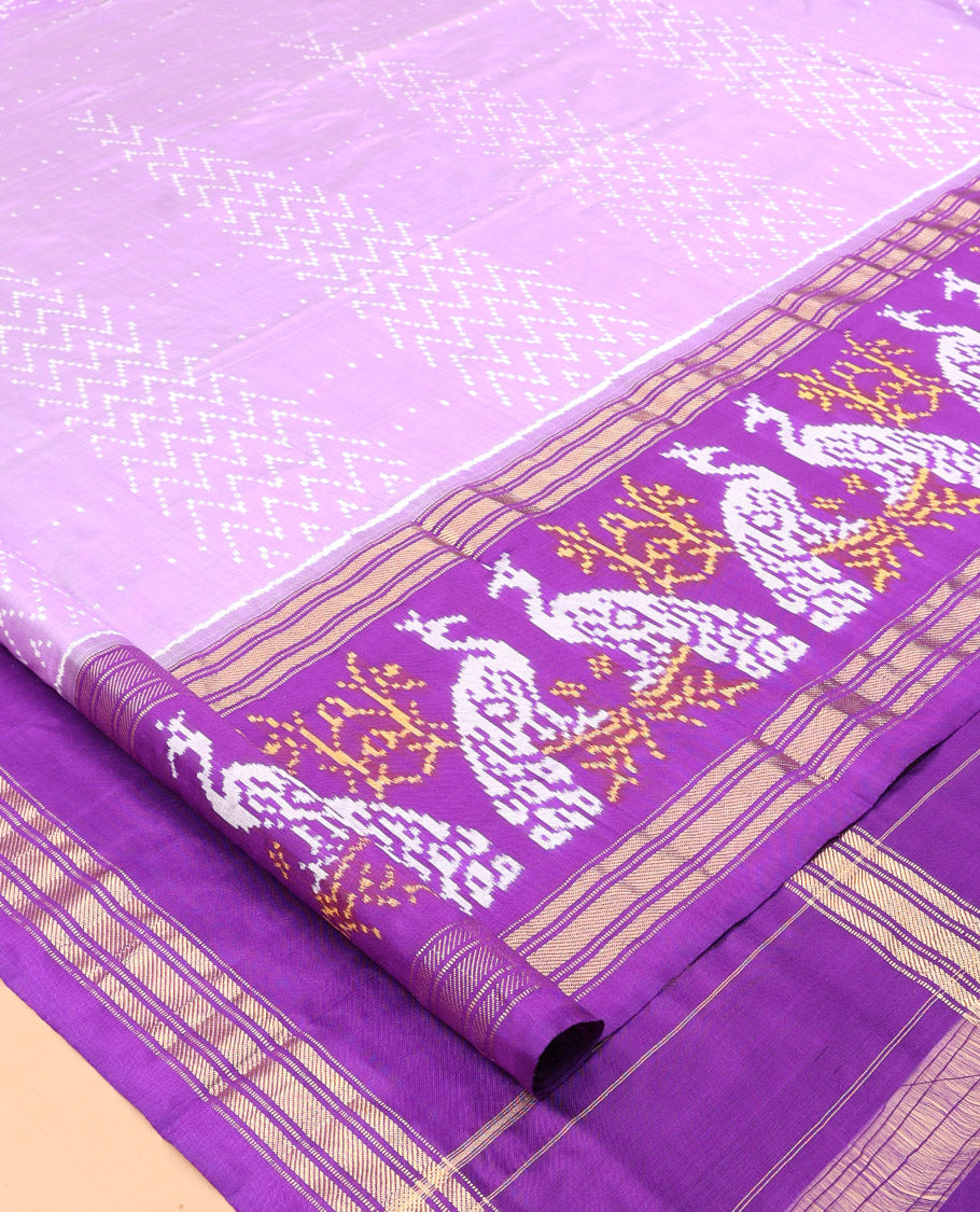 Lavender Pochampally Ikat Saree, Finely Crafted with Chevron Stripes Ikat Weave, a Contrast Ikat Peacock Weave Border, Ikat Pallu, and a Contrast Blouse