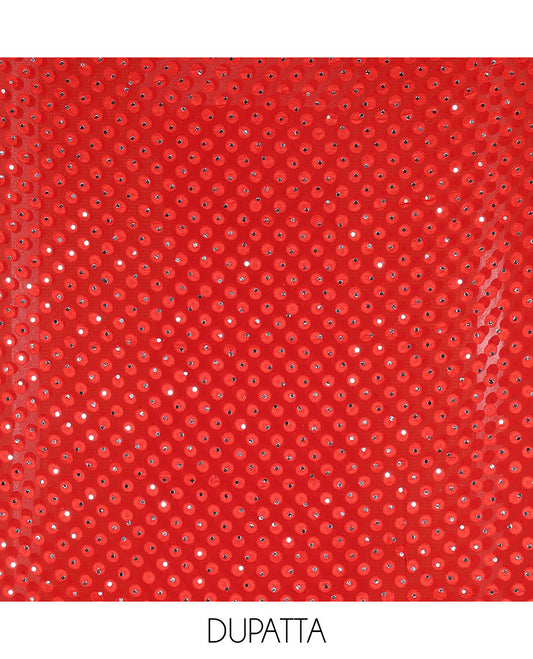 Red material churidar set, stone work with Schiffli style embroidered georgette top, American Crape bottom, and polka dotted printed mirror work dupatta