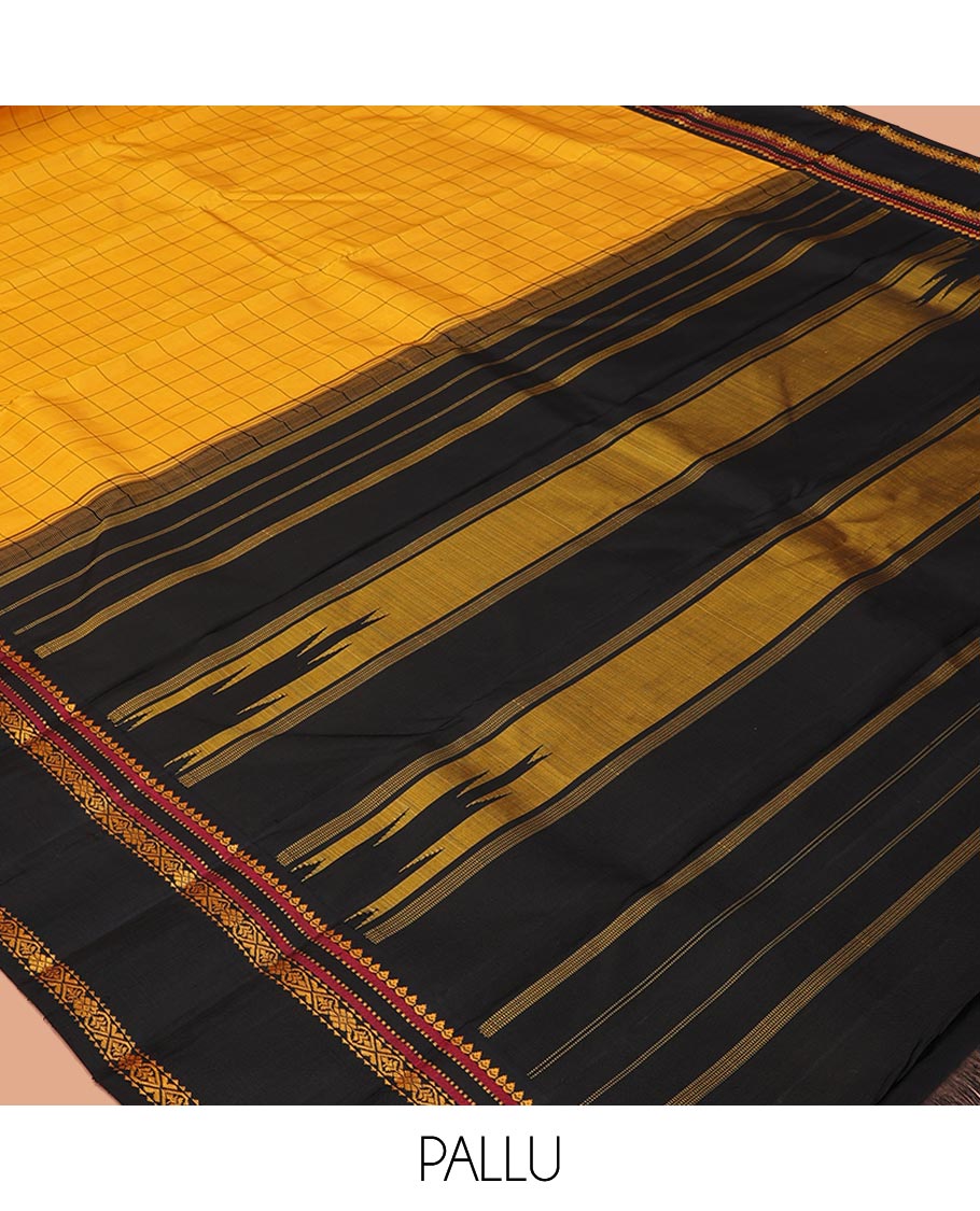 Yellow Kanchipuram Silk Saree, Sparsely Woven with Checked Design All Over Its Body, Complemented by a Contrast Rettai Pettu Border of Thilakam, Muthu, and Jada Nagam Designs, Pallu of Thazampoo Rekku Designs, and Paired with a Contrast Blouse