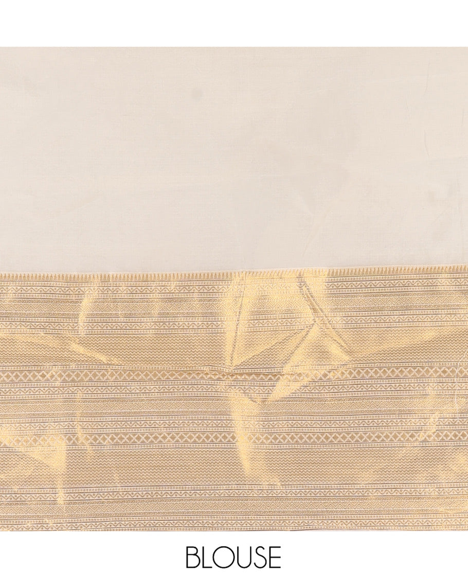Cream Banarasi Silk Half-Saree Features a Plain Skirt, a Traditional Border, Matching Blouse, and Zari-Woven Dhavani