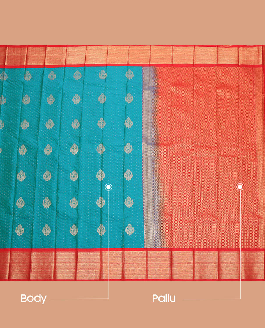 Peacock Blue Budget Silk Saree, Decorated with Zari Buttas All Over Its Body, Complemented by a Contrast Traditional Zari Design Border, Intricately Designed Pallu, and Paired with a Contrast Blouse