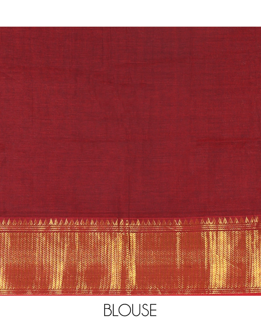 Maroon Mercerised Cotton Half-Saree Features Plain with Contrast Traditional Zari Temple Bordered Skirt, Paired with a Matching Blouse, and Comes with a Contrast Zari-Bordered Dhavani