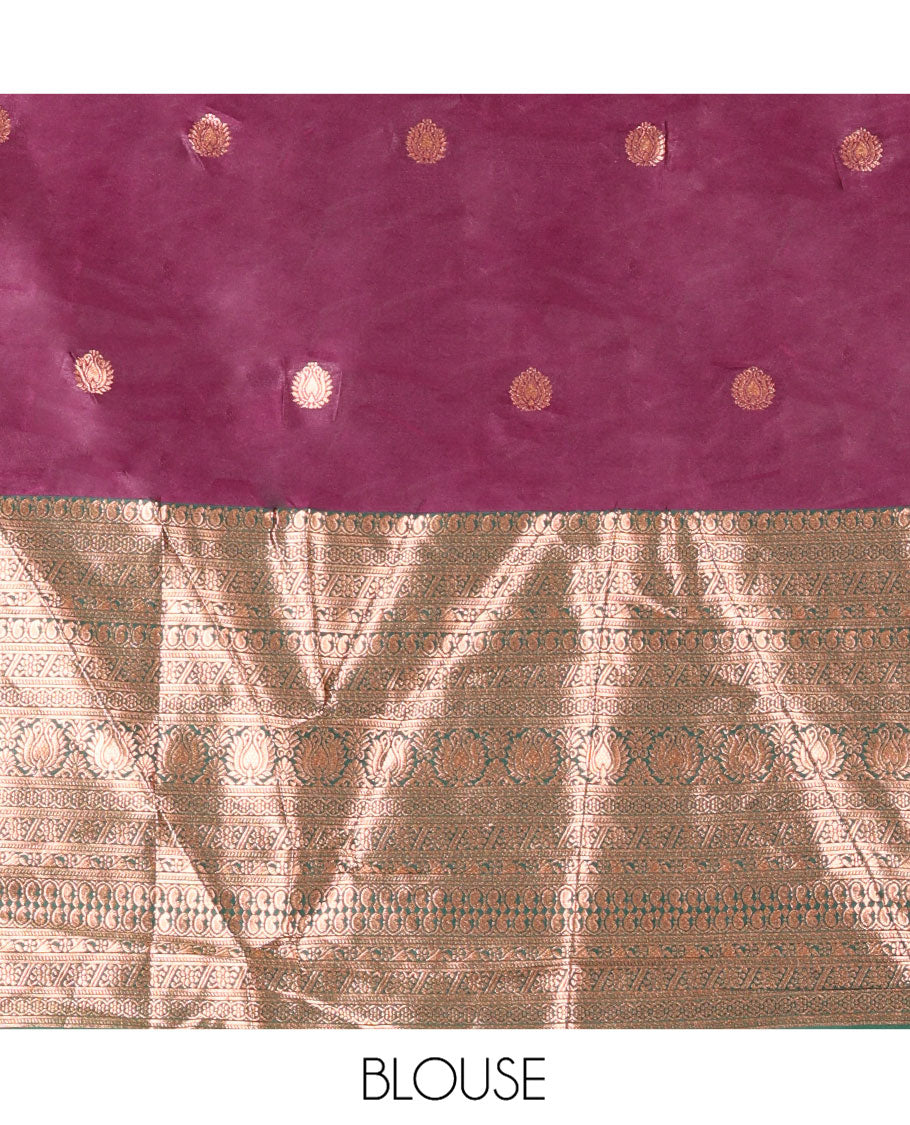 Purple and Green Semi-Banarasi Half-Saree, Elevated with Zari Buttas on Its Skirt, Complemented by a Contrast Traditional Zari-Design Border, Paired with a Matching Blouse, and a Contrast Satin Georgette Zari-Bordered Dhavani