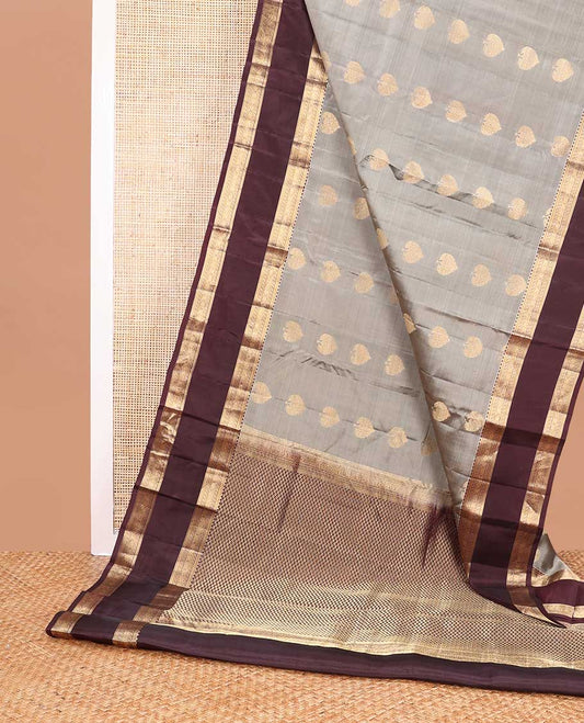 Grey leaf buttas vasundhara elite silk saree with contrast rettai pettu zari design border  & checked design pallu