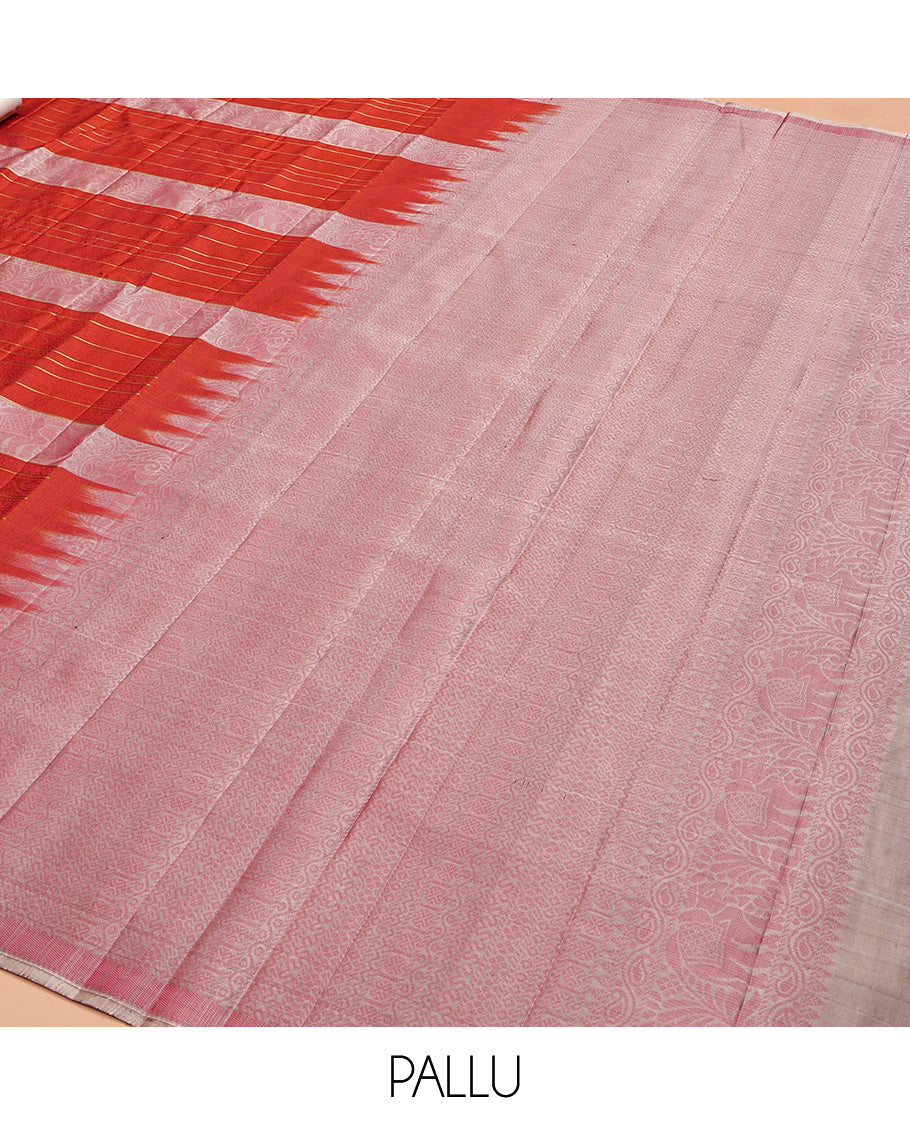 Borderless Orange Mayuri Soft Silk Saree, Elevated with Stripes and Elephant Motifs, Pallu Steeped with Geometric Patterns, and Paired with a Contrast Blouse