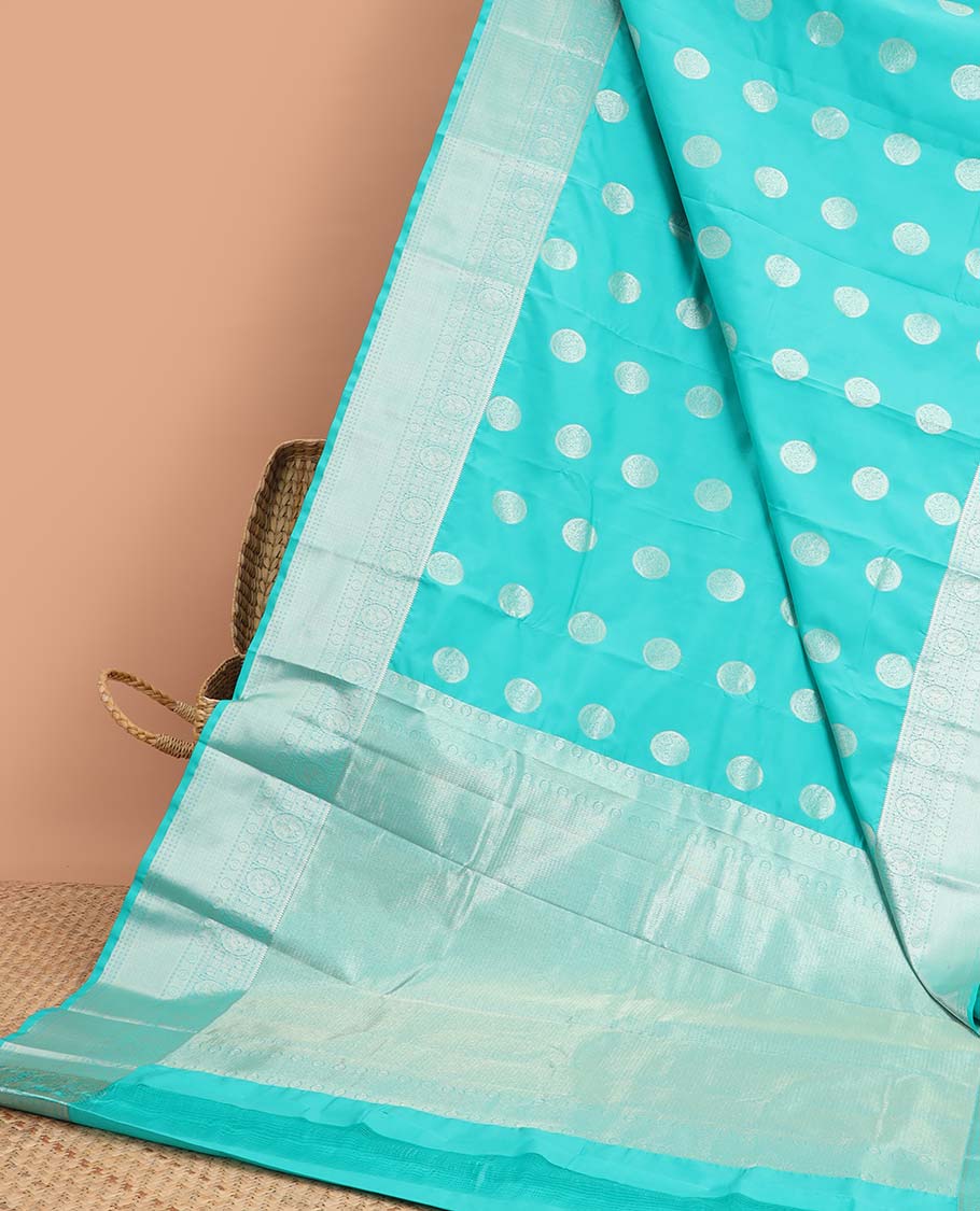 Blue round buttas vasundhara silk mix saree with self - zari design border & checked zari design pallu