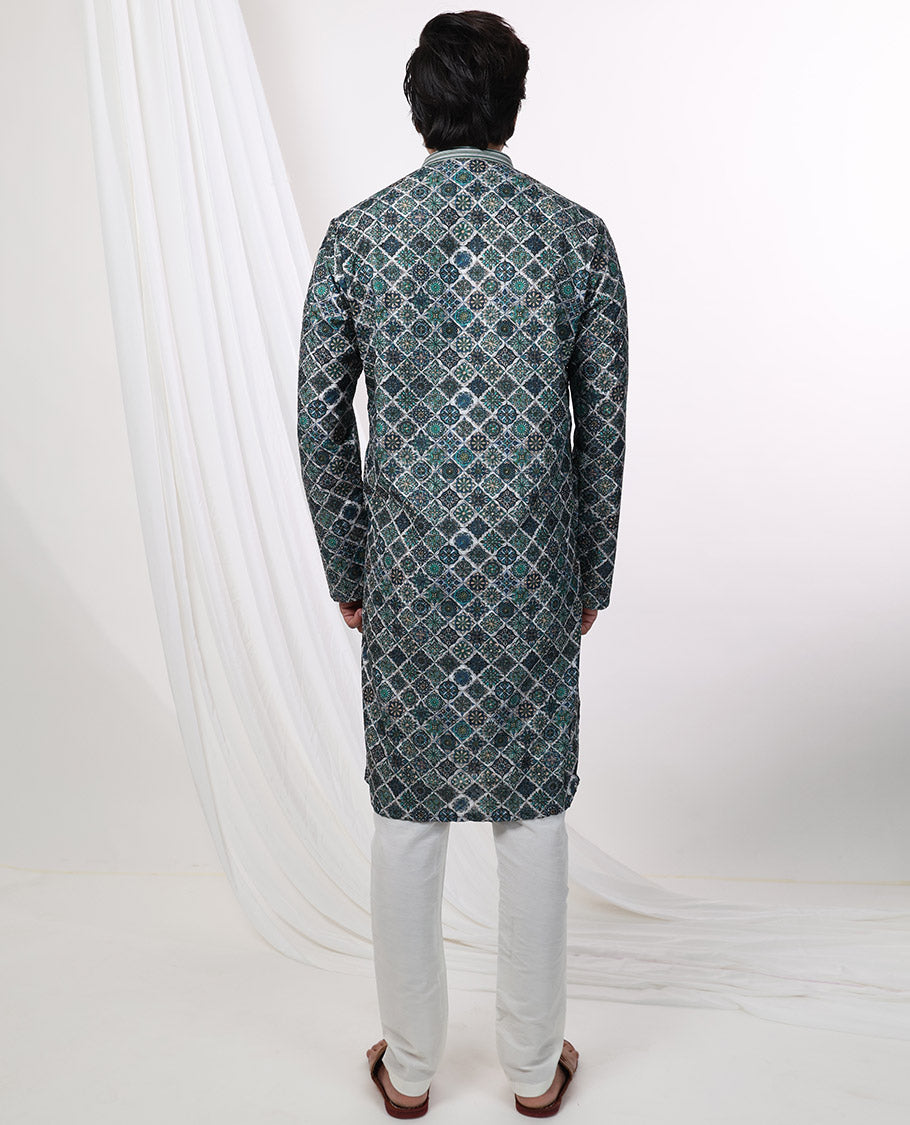 Multi-color intricate floral design mandarin collar & full-sleeve long raw silk kurta