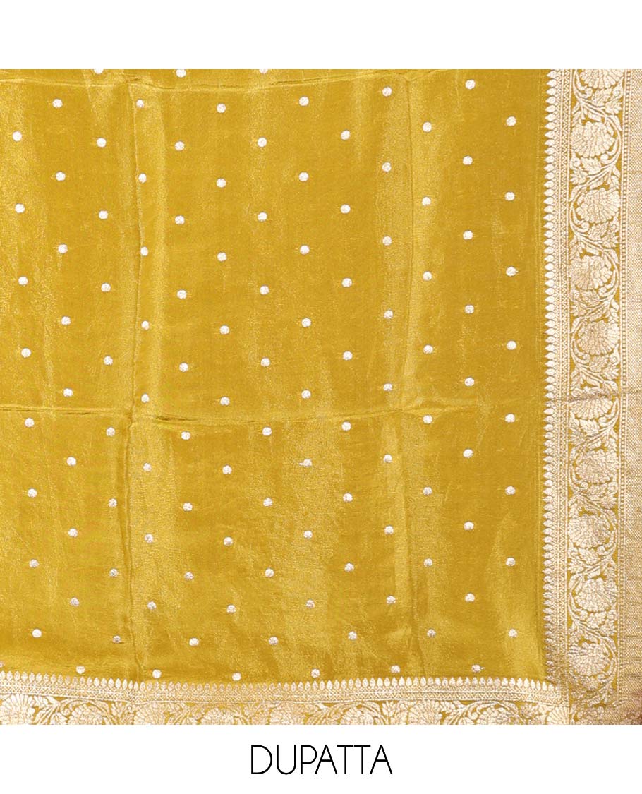 green material chudidhar set, floral print & embroidered top, plain bottom & Banaras buttas duppata