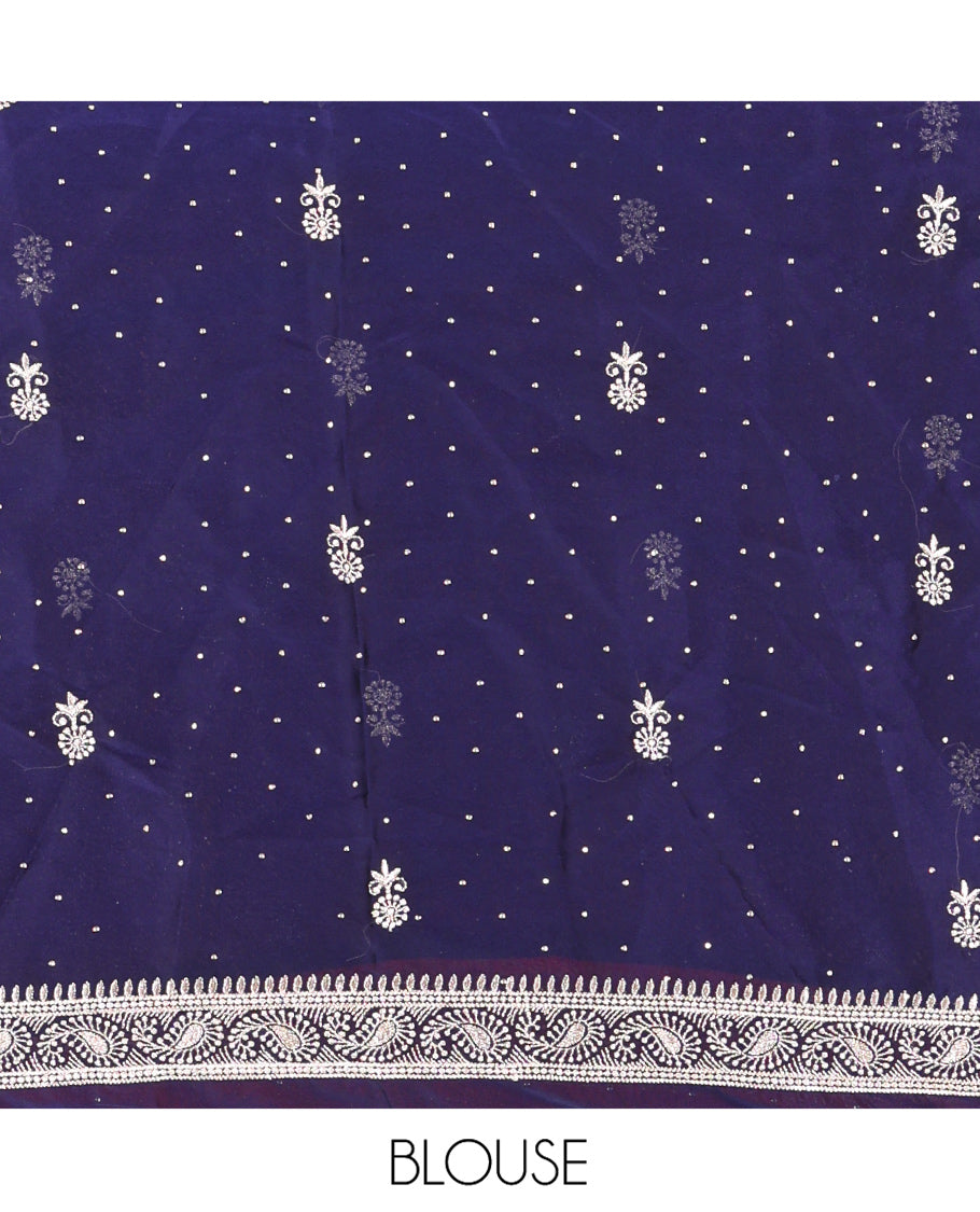 Navy Blue Georgette Half-Saree Featuring Embroidery Skirt, Floral Embroidered Border, Matching Blouse, Embroidered Dhavani