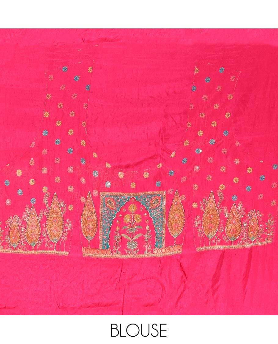 Pink Dola Silk Saree, Boldly Accentuated with Floral and Mughal-Style Print on Its Body, Highlighted by a Peacock Border, Pallu Depicts Mughal-Style Printed Outline Embroidery, and Paired with a Matching Blouse