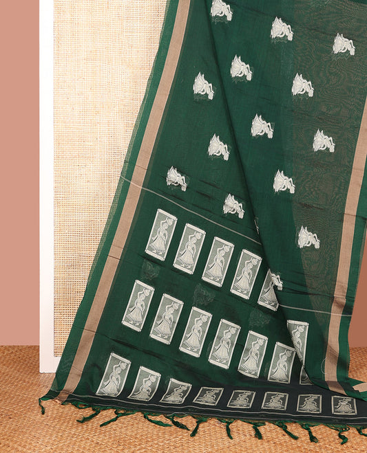 Green Narayanapet Cotton Saree Accentuated with Girl with a Pot Motifs, Subtle Self-Border, Pallu Mirrors the Same Body Motifs, and Paired with a Matching Blouse