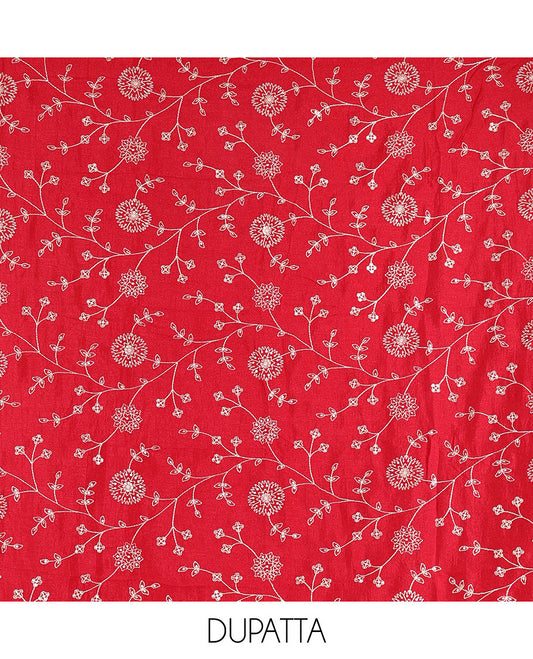 Black Vichitra silk material churidar set, floral motifs embroidered top, contrast Santoon bottom, and floral vine thread embroidered scallop dupatta