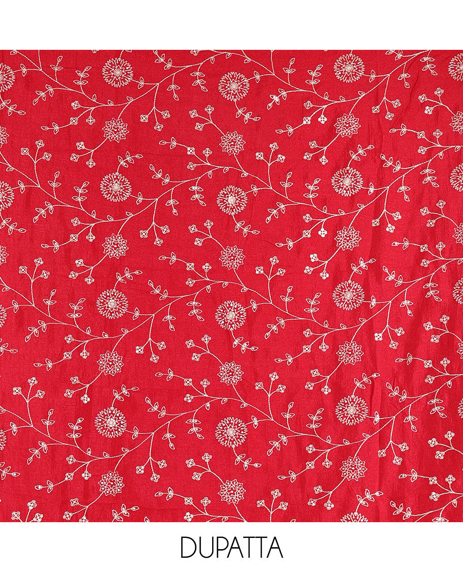 Black Vichitra silk material churidar set, floral motifs embroidered top, contrast Santoon bottom, and floral vine thread embroidered scallop dupatta