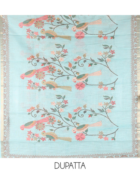 Blue Linen Tissue Material Chudidar Set, Enthralled with Paithani Floral-Parrot Design on Its Top, a Contrast Plain Bottom, and Paired with a Linen Tissue Dupatta of Floral-Parrot Print