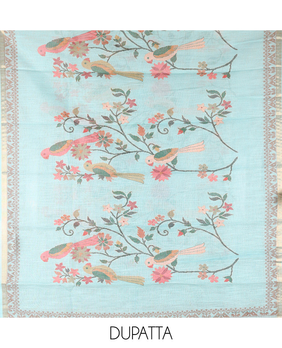 Blue Linen Tissue Material Chudidar Set, Enthralled with Paithani Floral-Parrot Design on Its Top, a Contrast Plain Bottom, and Paired with a Linen Tissue Dupatta of Floral-Parrot Print