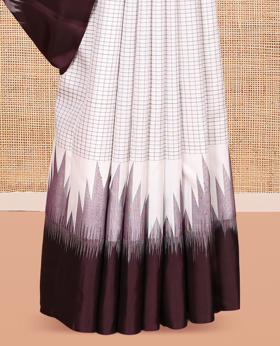 White Checked Kanchipuram Silk Saree, a Contrast Thazampoo Rekku Border, Zari-Woven Pallu, and a Contrast Blouse