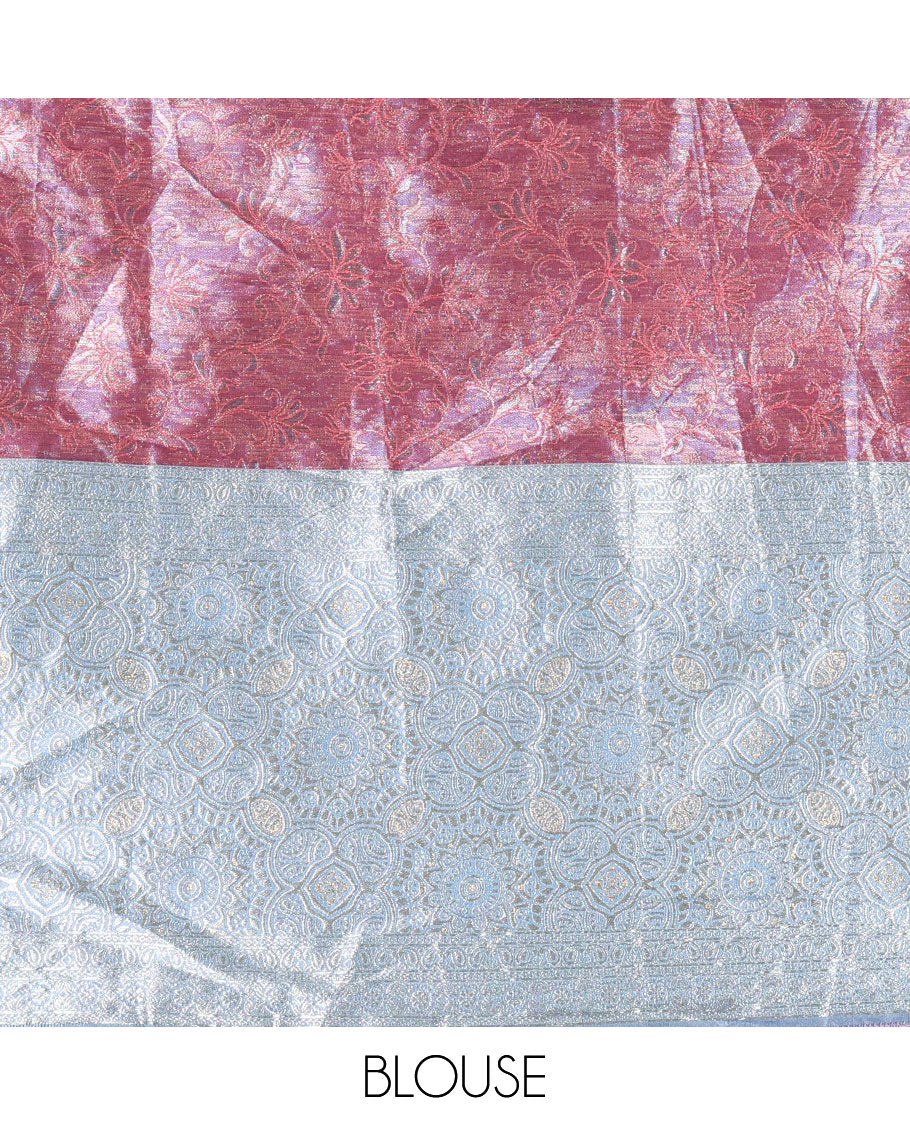 Pink banarasi half-saree, jacquard with contrast traditional zari bordered skirt, a matching blouse, and a contrast stonework velvet organza dhavani