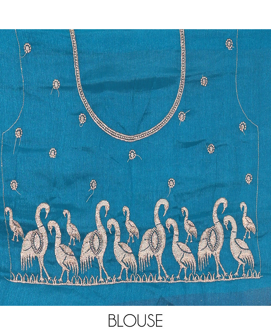 Blue Half-Saree Set, Mesmerized with Stone Work and Bird Motifs Embroidery on Its Satin Georgette Skirt, Highlighted by Embroidered Border, Paired with a Matching Blouse, and Comes with a Contrast Scallop Stone Work Dupatta