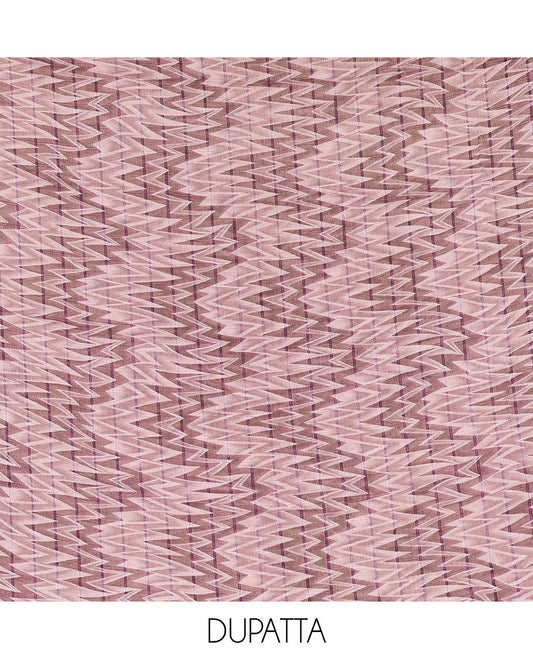 Violet Vertican silk material chudidar set, ikkat chevron striped with mirror neck embroidered top, santoon bottom, and contrast chevron striped dupatta