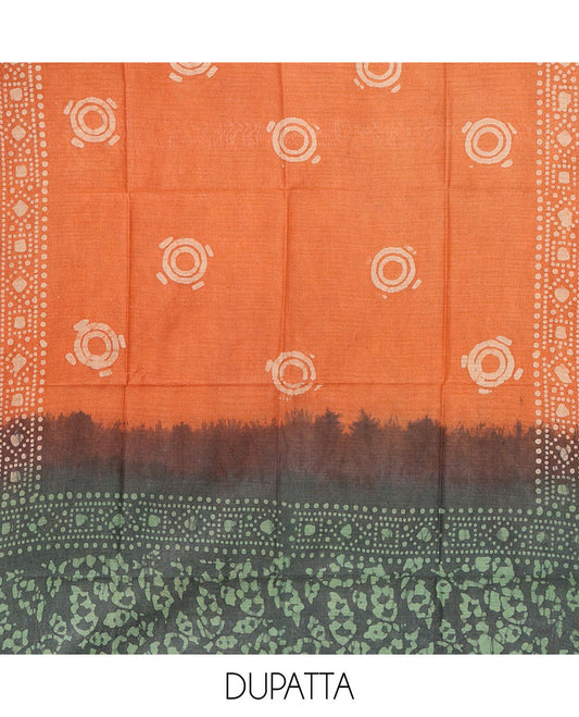 Leaf green chudidhar material, leaf batik-print bhagalpuri cotton top,contrast batik-print bottom & dual-color printed mul-mul dupatta