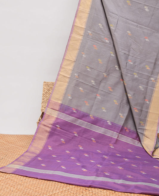 Grey  floral buttas uppada silk saree with self-border & floral zari buttas pallu