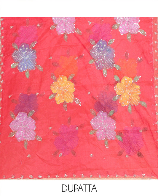 Rani Pink Vichitra Silk Material Chudidar Set, Graced with Pom-Pom Necklined Top, a Plain Santoon Bottom, and Paired Scallop Multi-Color Floral Embroidered Organza Dupatta