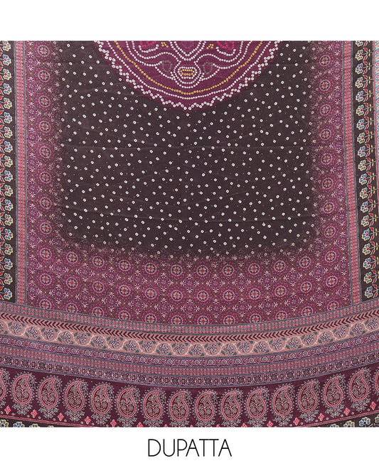 Dark purple crepe chudidar material set, ajrakh-print with daman floral design top, plain bottom & dupatta of bandhani dots & ajrakh-style print