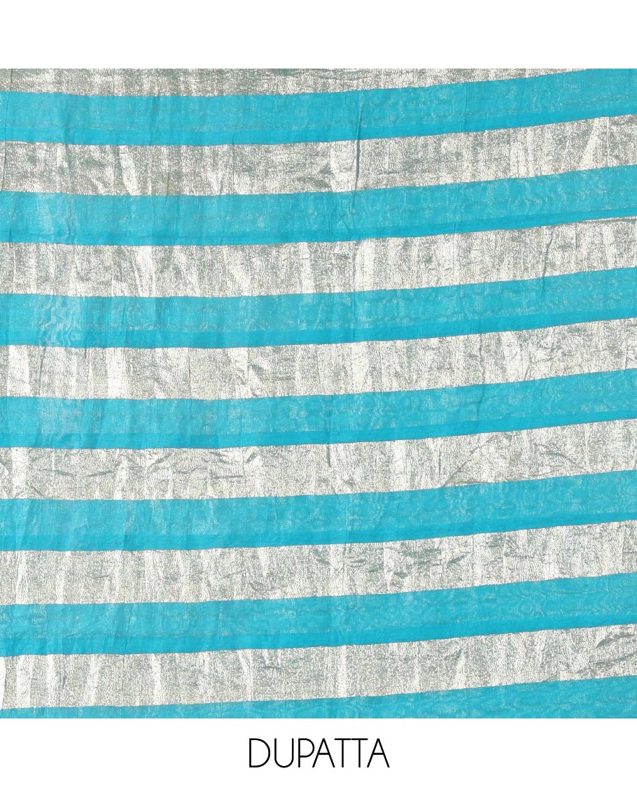 Blue material chudidar set, plain with pom-pom tasseled mul chanderi top, a matching bottom, and organza dupatta of stripes